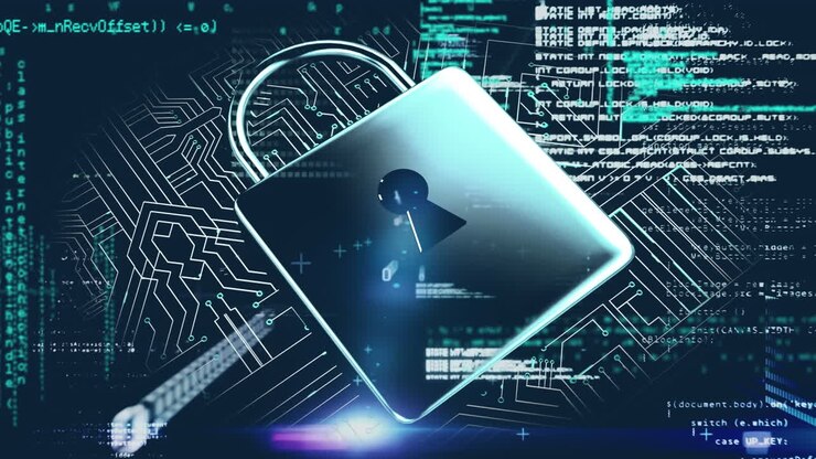 Animation of data processing padlock and networks of connections over dark background