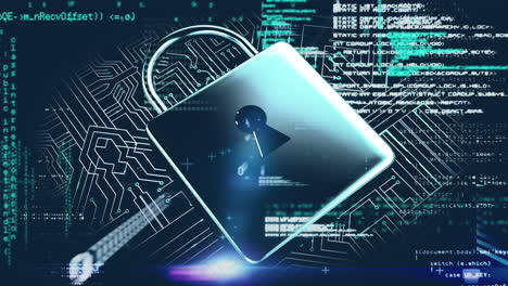 animation of data processing padlock and networks of connections over dark background