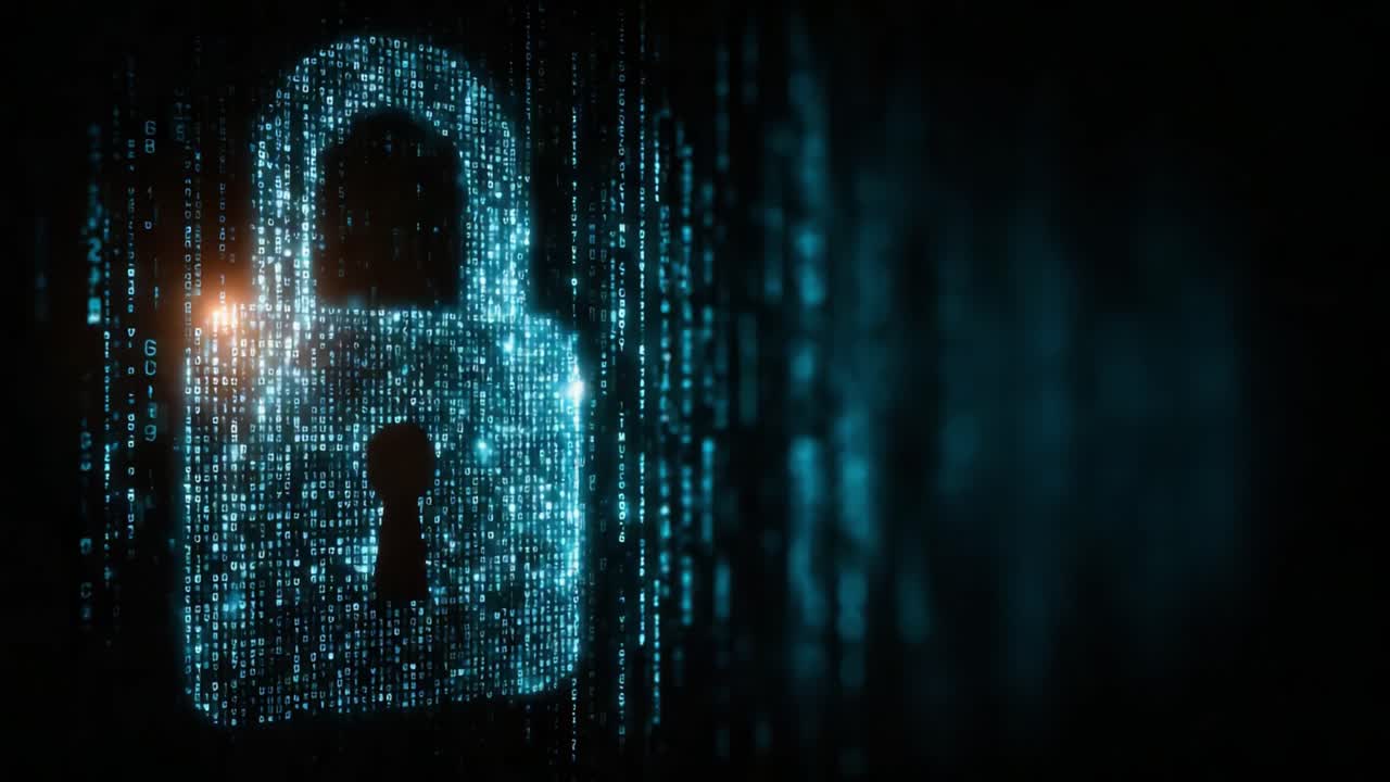 A Visual Representation of Digital Security: An Illuminated Lock Symbolizing Data Protection in a Cyber Environment Surrounded by Binary Code