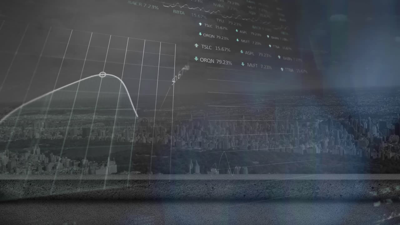 Animation of statistical and stock market data processing against aerial view of cityscape