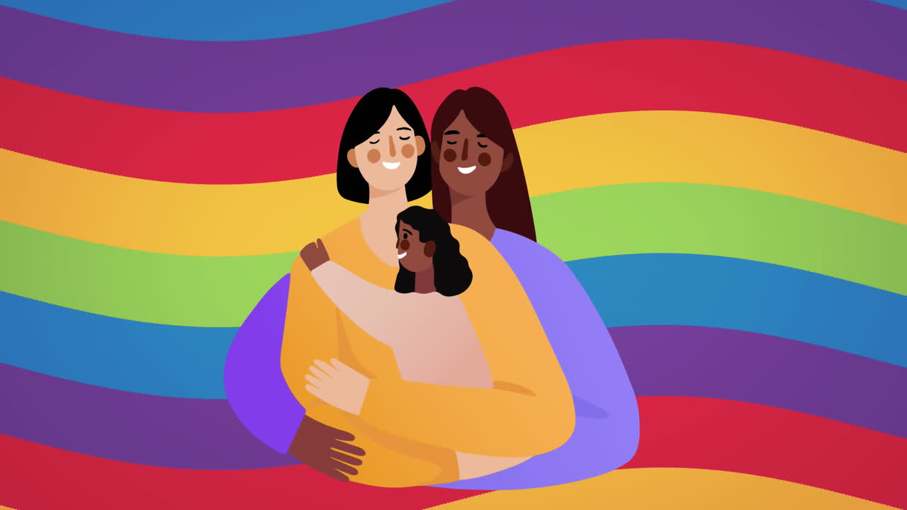 Animation of lesbian couple with child over rainbow background