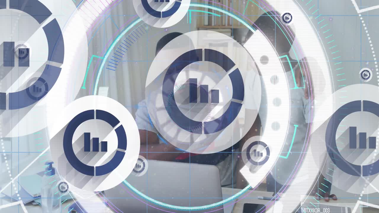 Animation of data processing over african american father and son using laptop