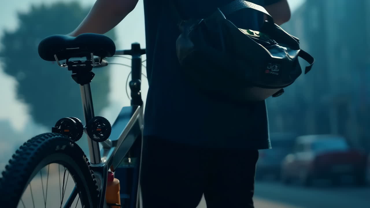 Commuter with Bicycle on a Hazy Urban Street