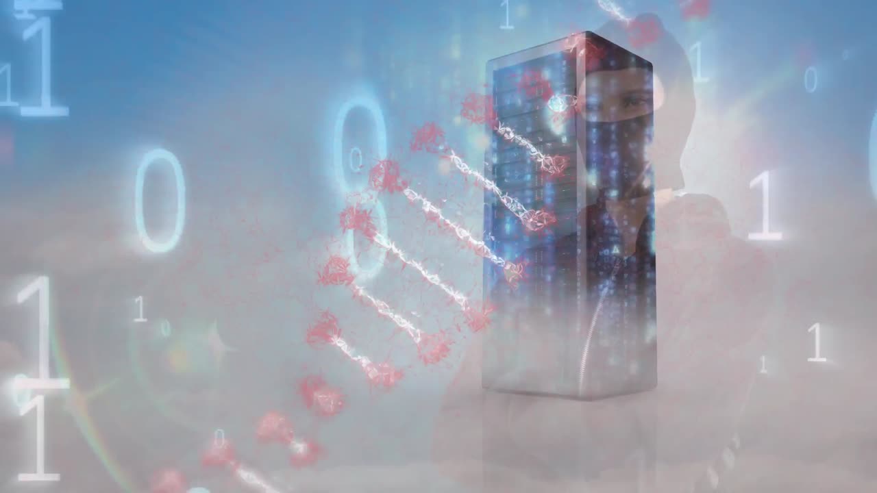 데이터 처리 및 dna 스트랜드의 애니메이션 백인 남성 해커 및 서버