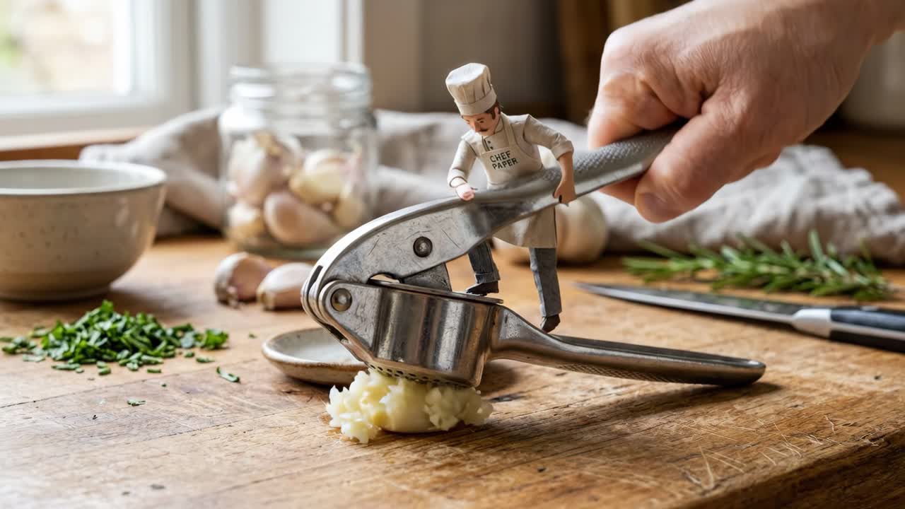 Statuetta di chef in miniatura che pressa aglio fresco con uno spremiaglio