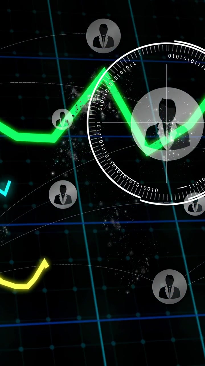 Glowing line appearing, HUD with suit icon expanding, neon graphs targeting users for analytics