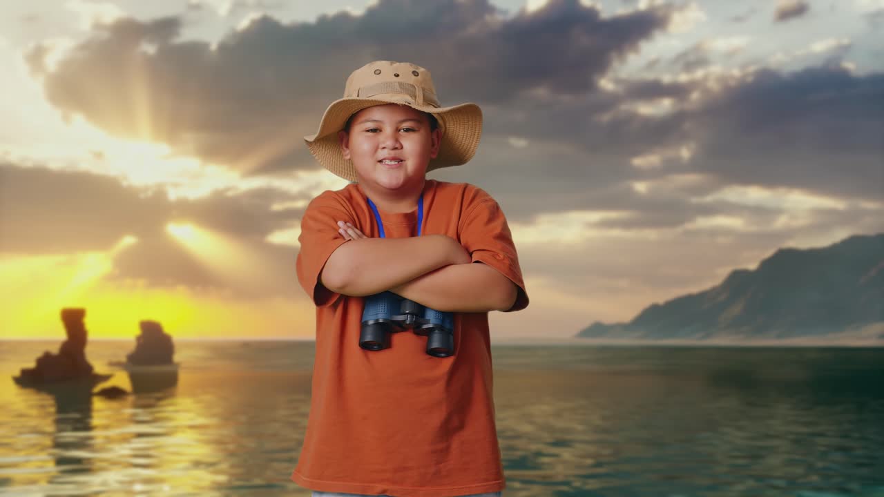 Asiatischer Junge mit Hut und Fernglas, der die Arme verschränkt und in die Kamera lächelt, am Strand. Der junge Forscher untersucht etwas, Reise-Tourismus-Abenteuer-Konzept