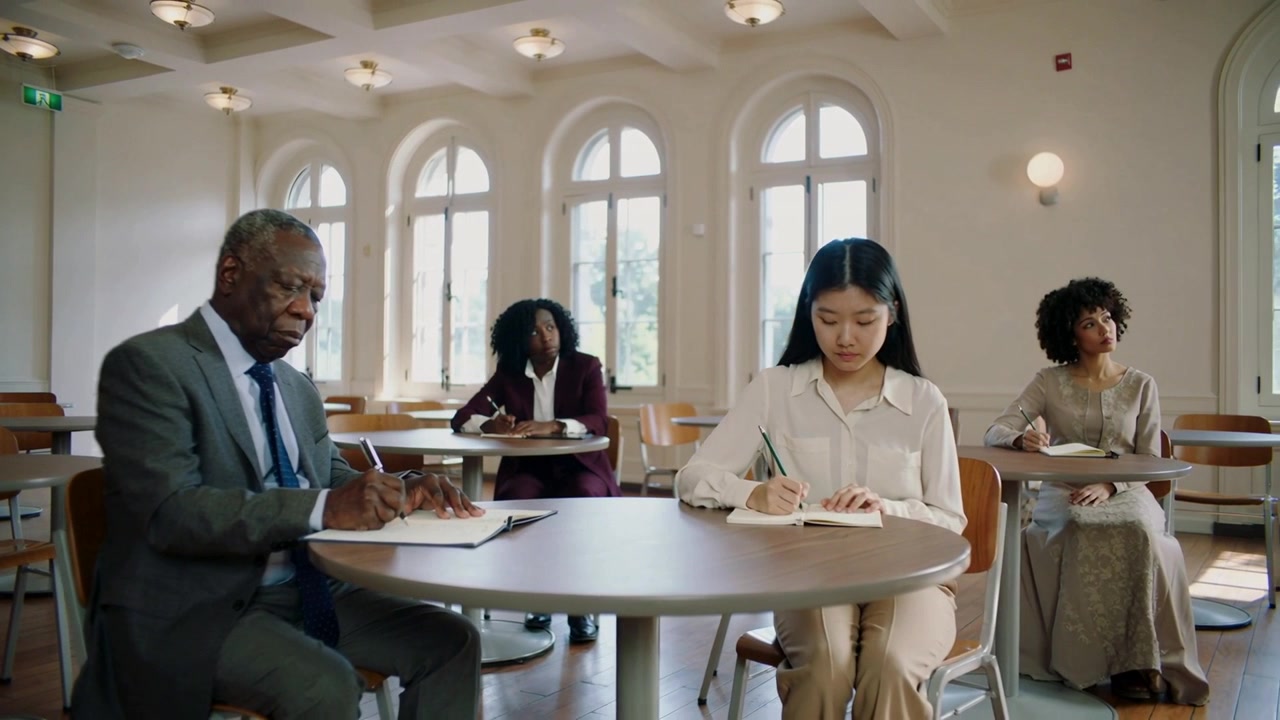 Writing suit-clad man and blouse-wearing woman using notebooks during class start at round table