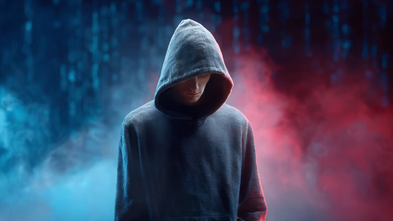 A mysterious figure in a hoodie stands amid swirling blue and red smoke, embodying themes of anonymity and intrigue in a visually striking digital backdrop