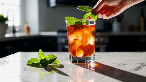 hand placing mint leaf on iced tea