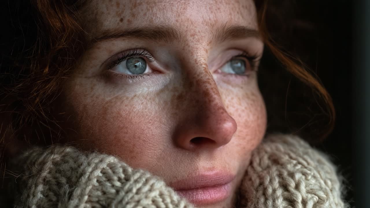 A Woman's Introspective Gaze: Capturing the Depth of Emotion and Character Through Freckles and Warm Knitwear in a Thoughtful Moment