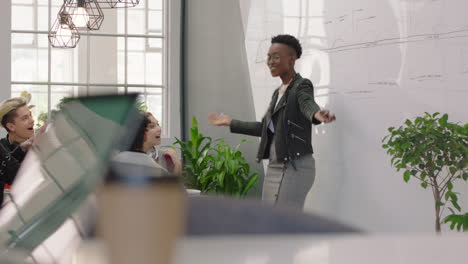 Jóvenes-Empresarios-Celebrando-A-Una-Mujer-Líder-Del-Equipo-Afroamericano-Bailando-Divertido-Disfrutando-Del-Baile-De-La-Victoria-Estudiantes-Felices-Celebran-El-Trabajo-En-Equipo-Exitoso-En-Una-Tonta-Presentación-De-Fiesta-De-Oficina