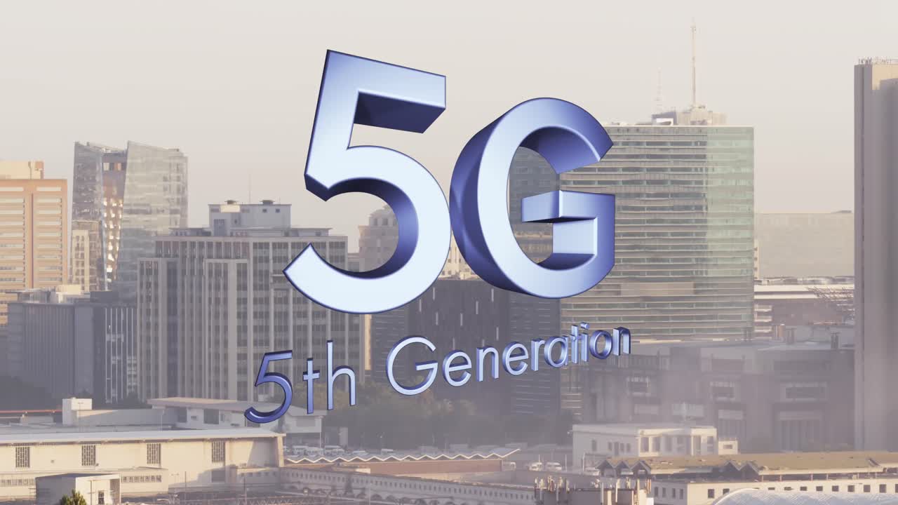 animación de texto de 5g 5a generación sobre el paisaje urbano