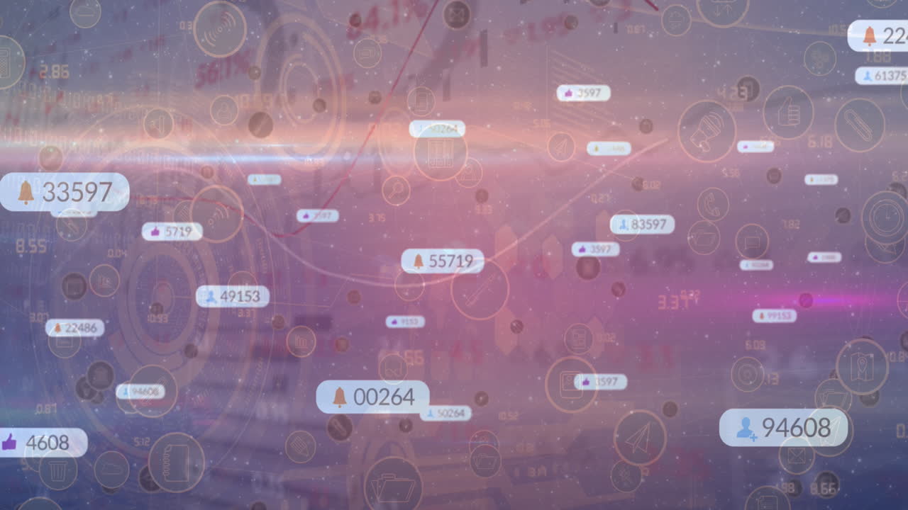 분홍색 배경 위에 떨어지는 숫자와 아이콘의 애니메이션