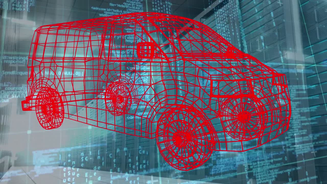 데이터 처리와 블루 스페이스의 서버에 대한 자동차 프로젝트의 애니메이션