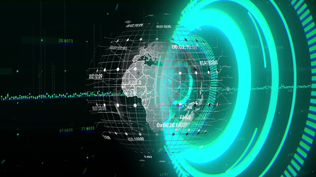 At start globe rotating and revealing codes while waveform pulsing rings in sync visualizing data