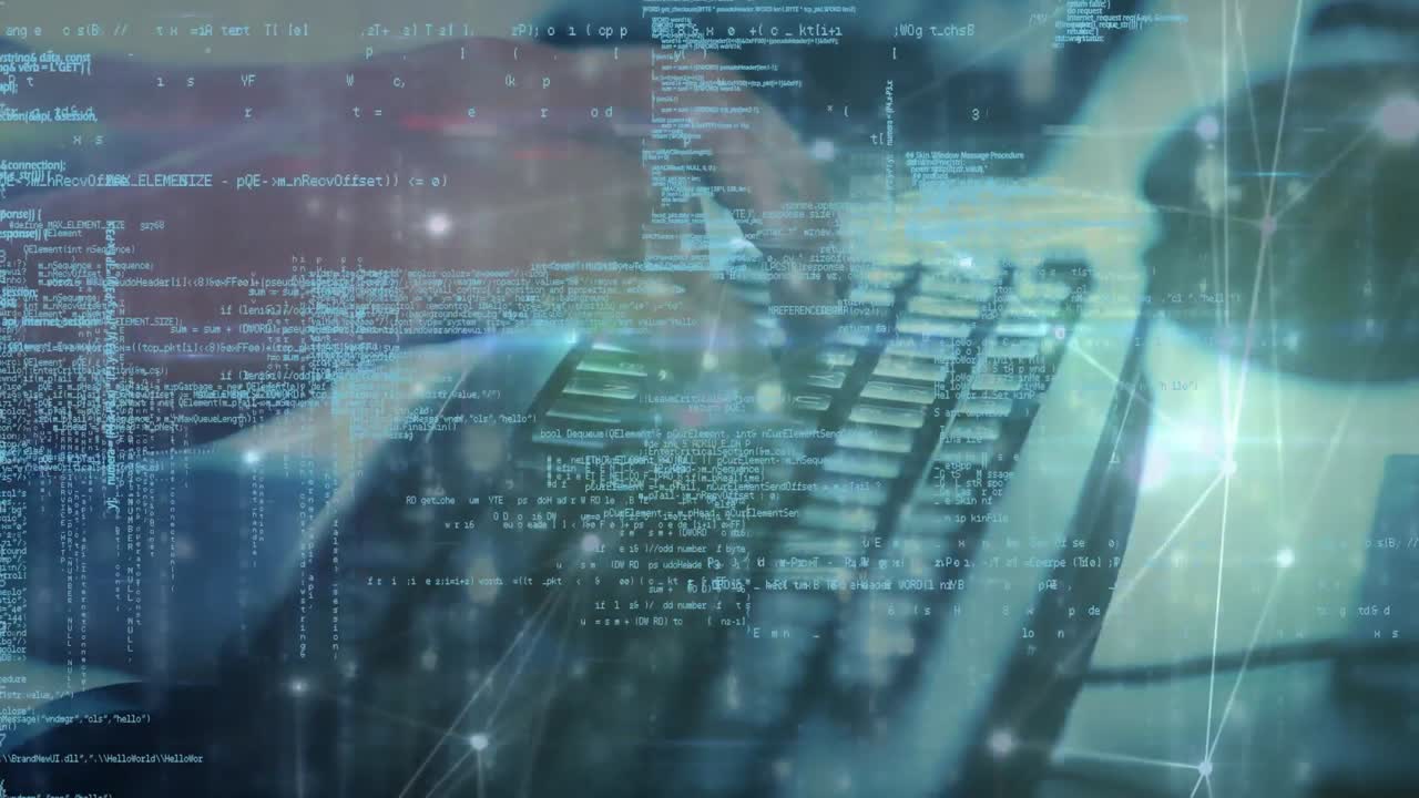 컴퓨터 키보드에 입력하는 사람, 데이터 처리 및 연결 네트워크의 애니메이션