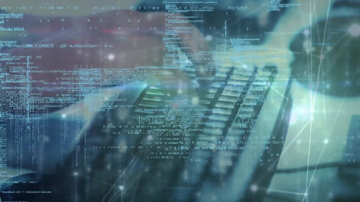 Animation of person typing on computer keyboard, data processing and network of connections