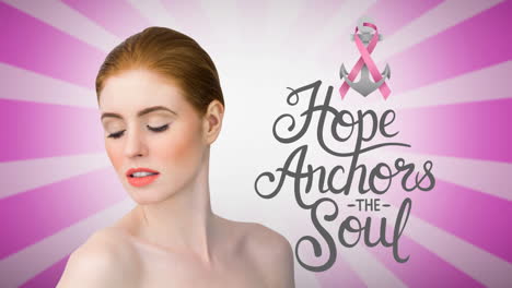 animación del logotipo del anclaje de cinta rosa con texto de cáncer de mama sobre una mujer joven
