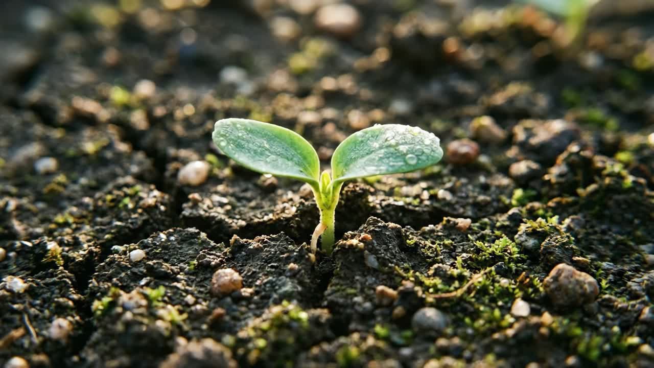 Delicata piantina verde con goccioline d'acqua che cresce nel terreno
