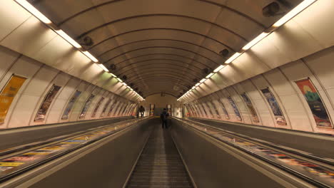 long empty escalators in metro system of prague, czech republic during covid-19 virus outbreak and lockdown, slow motion