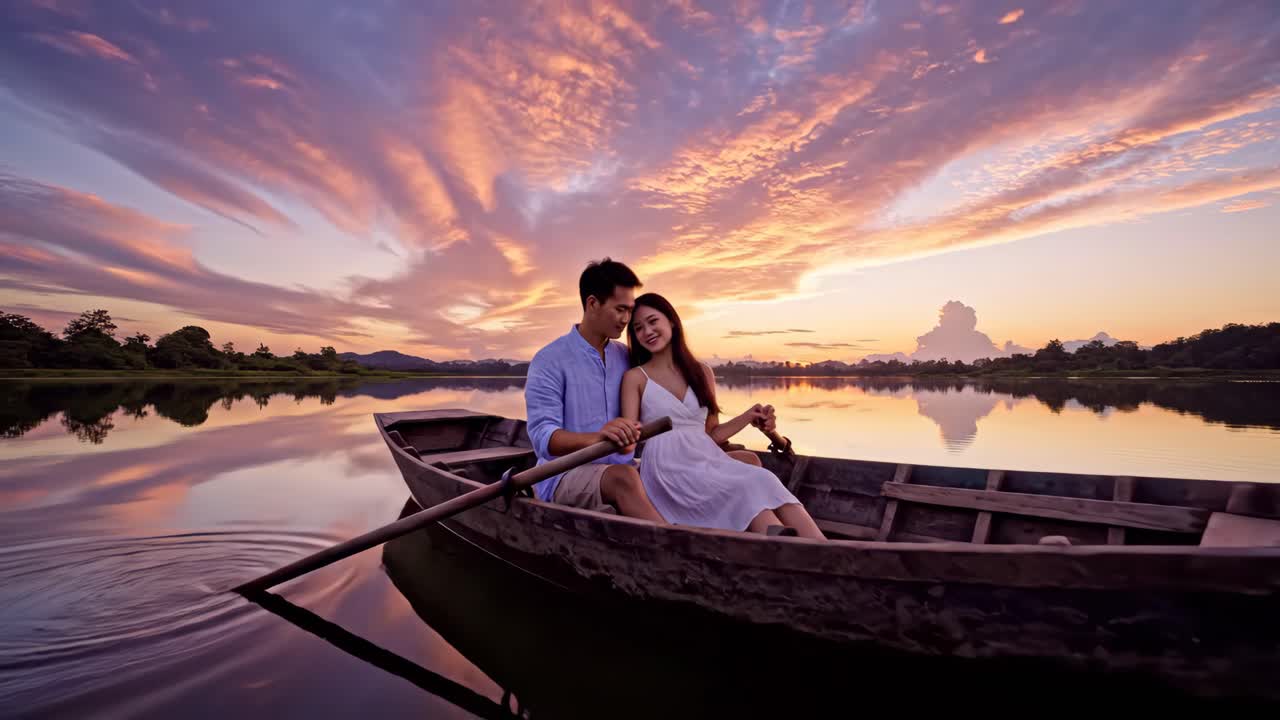 Pasangan Romantis di Atas Perahu Saat Matahari Terbenam
