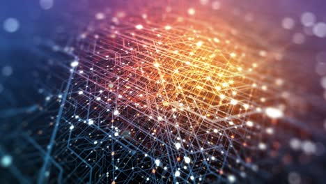 abstract tech background made of printed circuit board. depth of field effect and bokeh. internet connections, cloud computing and neural network, big data. 3d render, 4k seamless loop