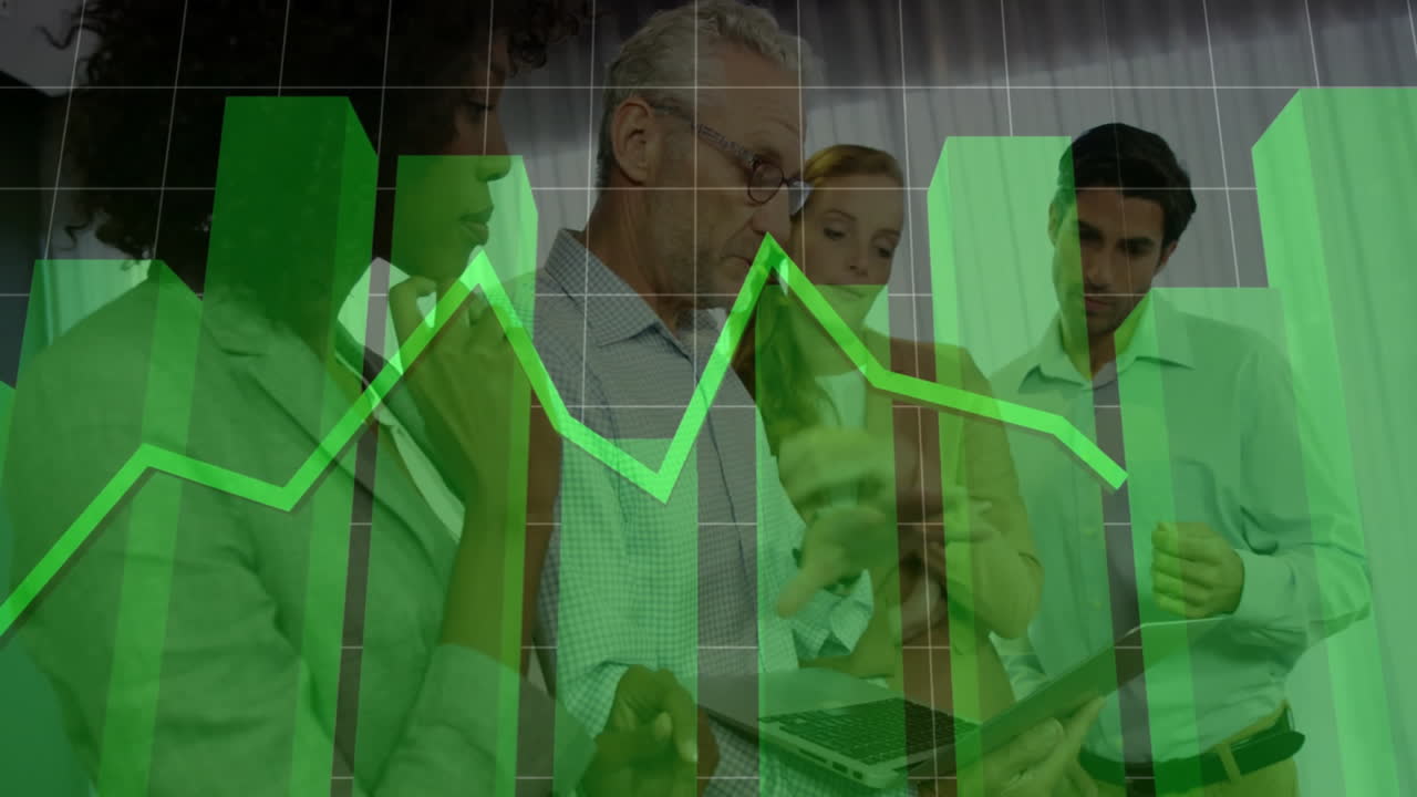 Analyzing data, business team reviewing green financial graph overlay in office