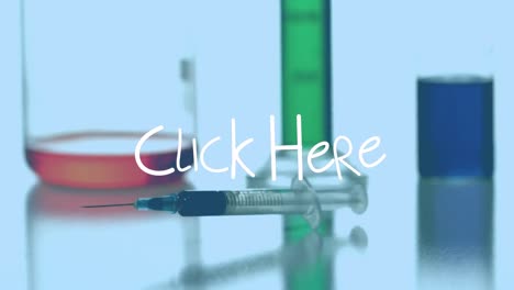 animación de hacer clic aquí sobre la jeringa que cae sobre fondo azul con gafas de laboratorio