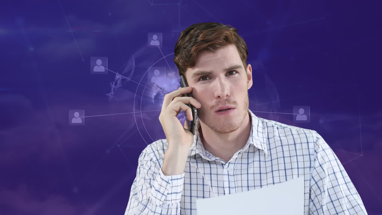 Animatie van een netwerk van verbindingen en een zakenman die belt met een smartphone