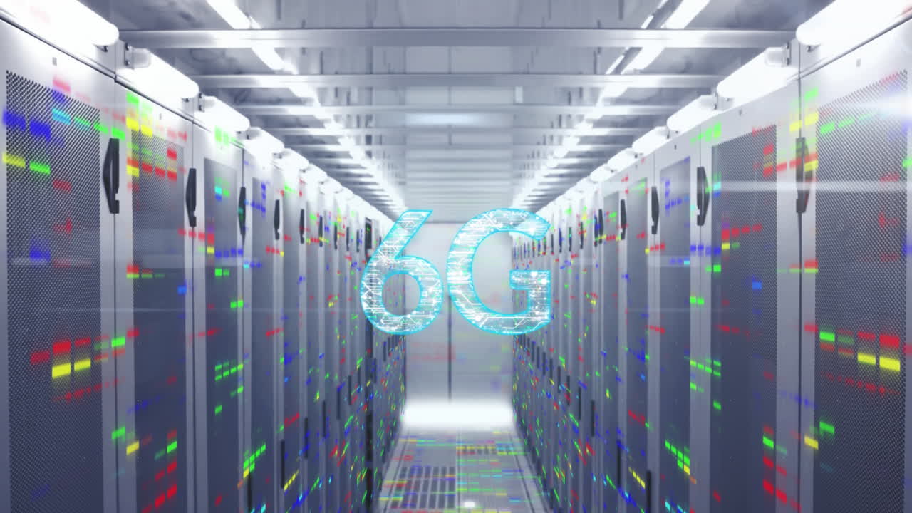 animación de puntos conectados en texto 6g sobre barras en sistemas de servidores de datos en la sala de servidores