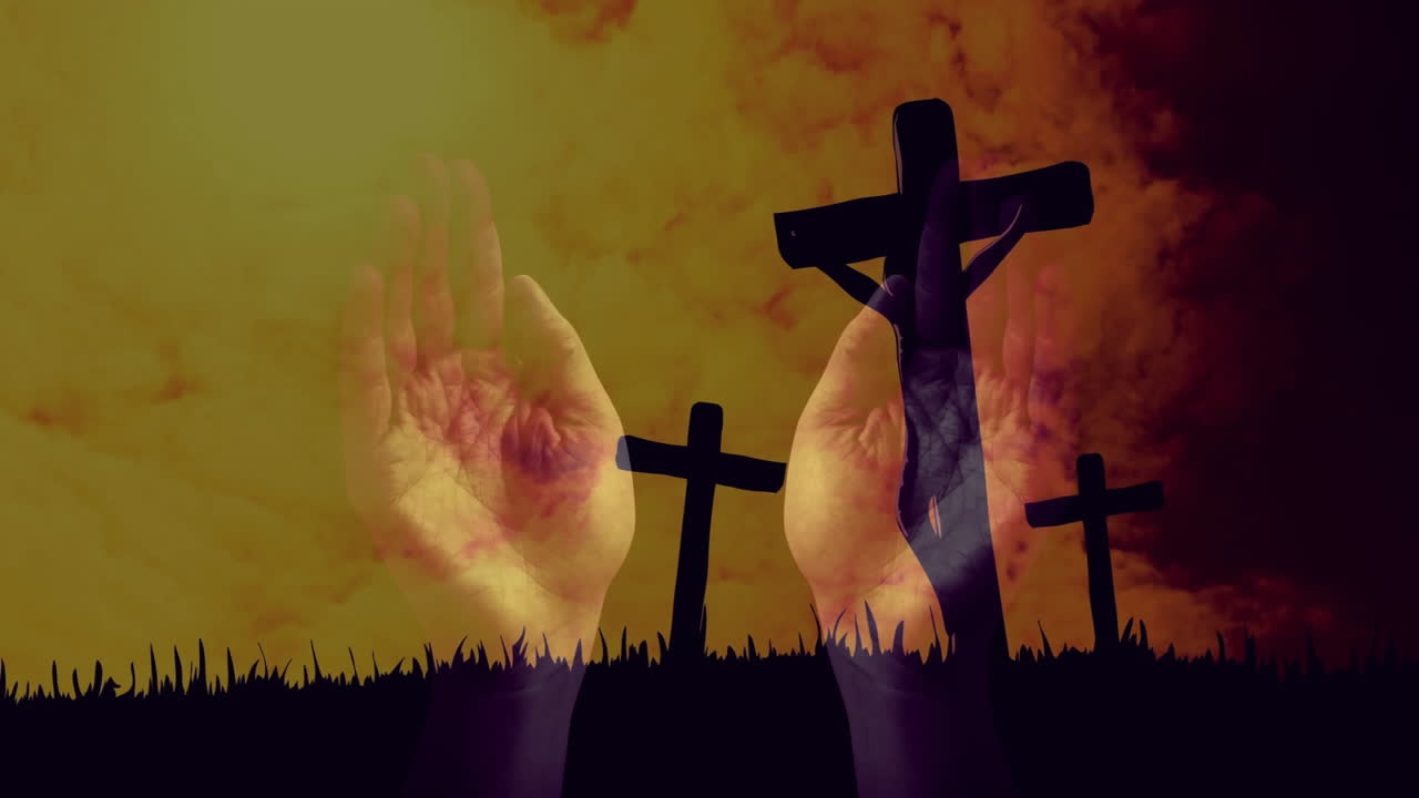 Translucent stigmata palms being visualized over silhouetted crosses on hill, using flat design