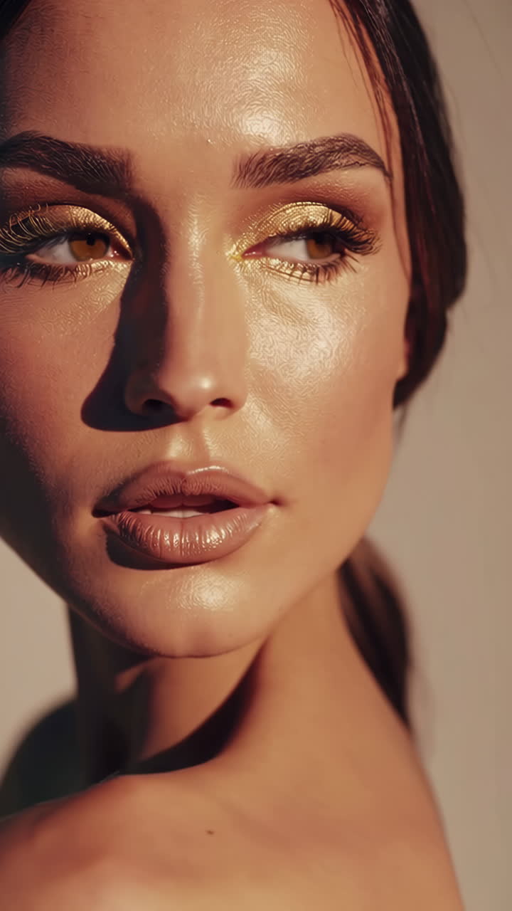 Glamour Dorato: Ritratto di Bellezza Ravvicinato con Trucco Scintillante
