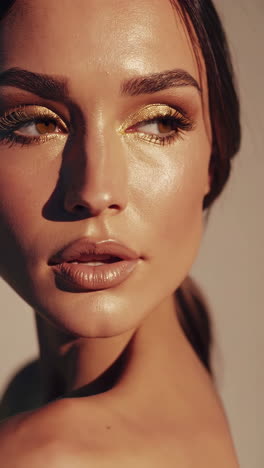 golden glamour: close-up beauty portrait with shimmering makeup