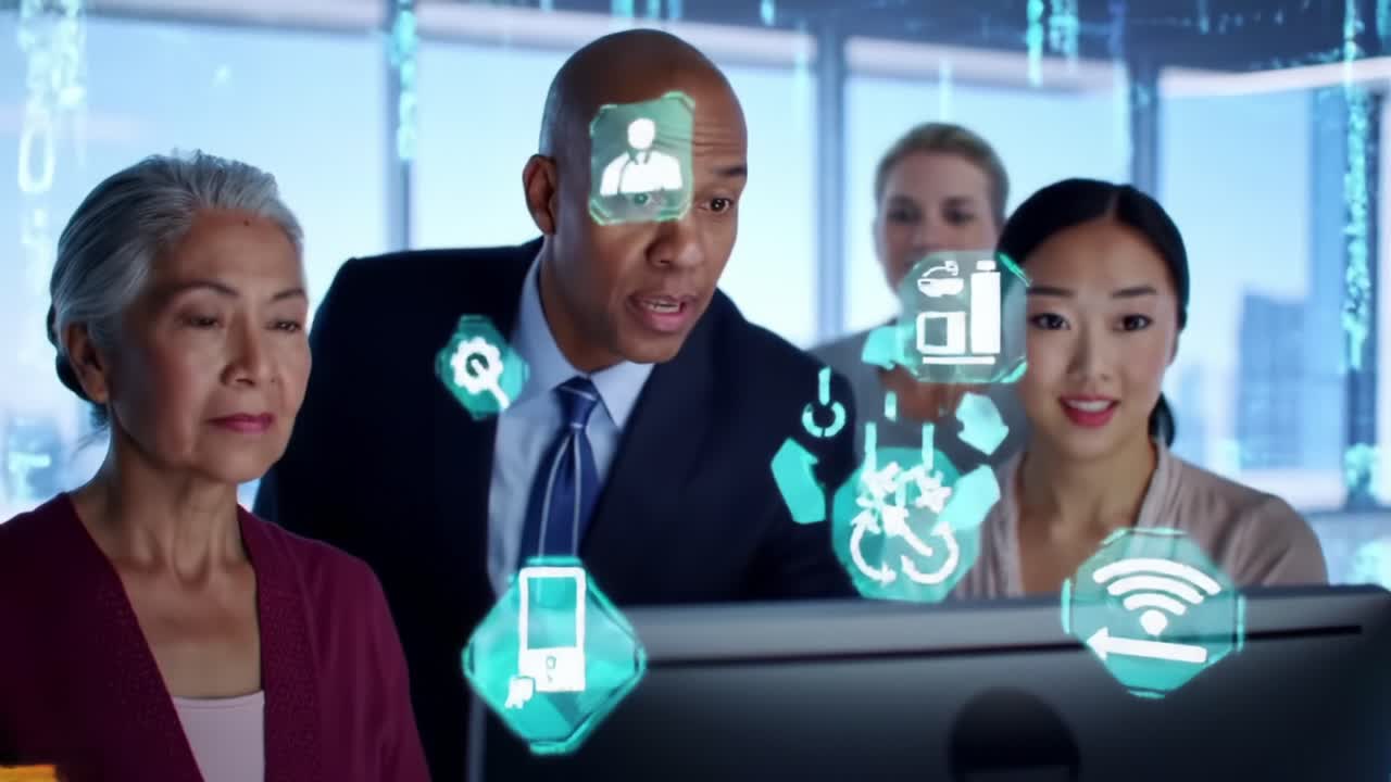 Collaborazione in un ambiente di lavoro moderno: diversi professionisti impegnati nell'analisi digitale e soluzioni innovative attraverso tecnologie avanzate