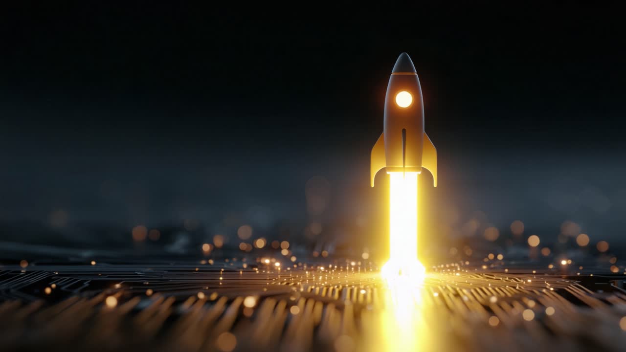 Animated rocket launching from a glowing futuristic circuit board, symbolizing startup momentum, tech innovation, financial growth and a successful new venture against a dark backdrop