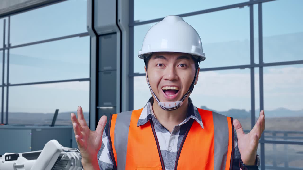 안전 장비를 입은 엔지니어는 흥분으로 반응합니다.