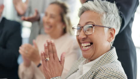 business woman, applause and laughing with people