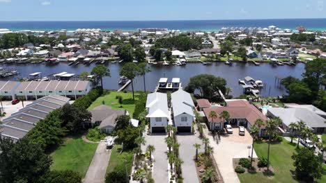 crossing drone movement over the canal front homes with boat docks and waterfront lawns under blue sky, panama city beach, florida, usa