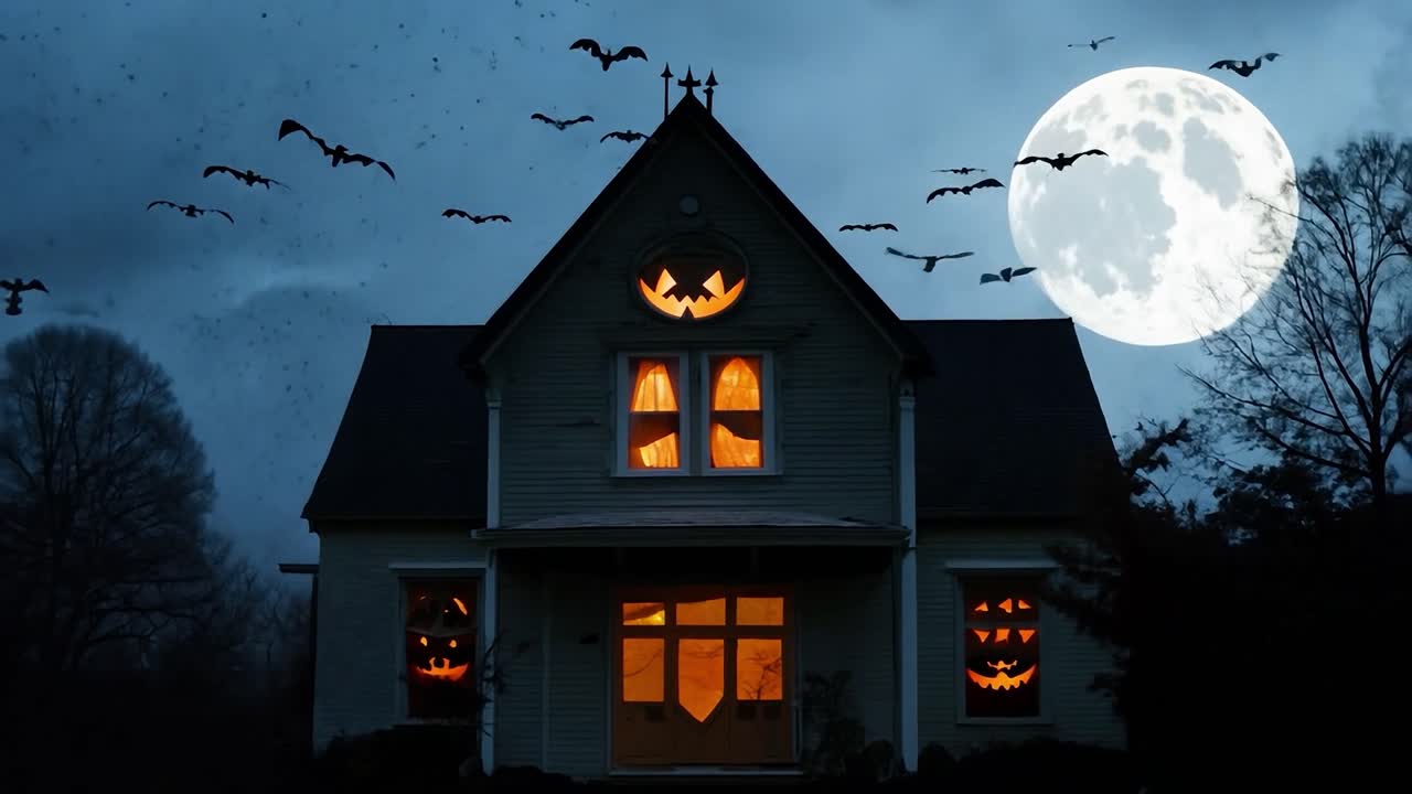 Una casa spettrale di Halloween con finestre a jack-o'-lantern e pipistrelli che volano nella notte.