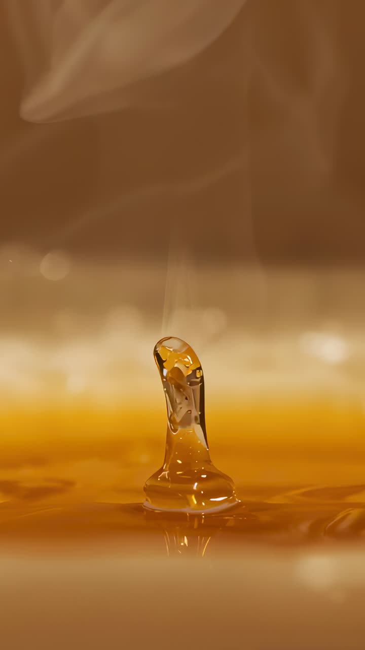 Vertical video: Descending droplet impacting pool in studio, forming jet topped by bead and ripples