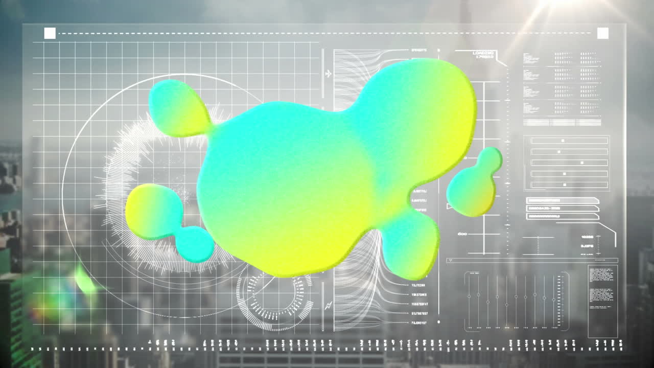 데이터 처리와 도시 풍경 위의 초록색 얼룩의 애니메이션