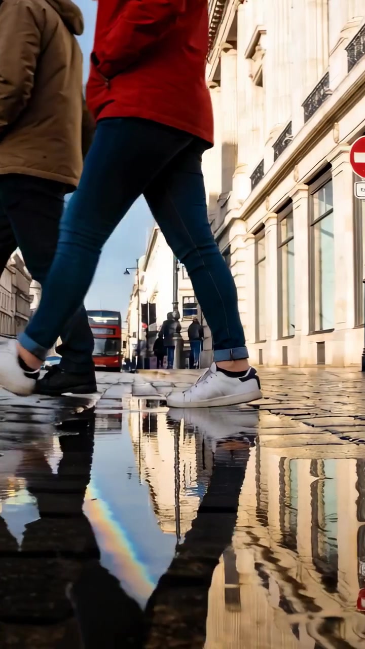 Vertical video: Walking pair crossing street, sun rising after rain, puddle showing rainbow and bus