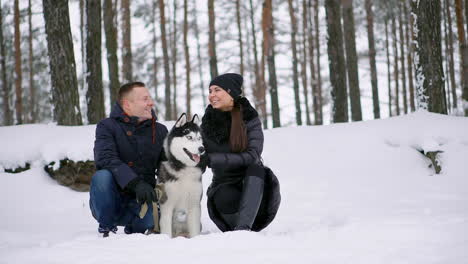 un hombre y una mujer sentados abrazando a un perro husky siberiano en el bosque de invierno sonriendo y mirándose el uno al otro y a la cámara. camara lenta