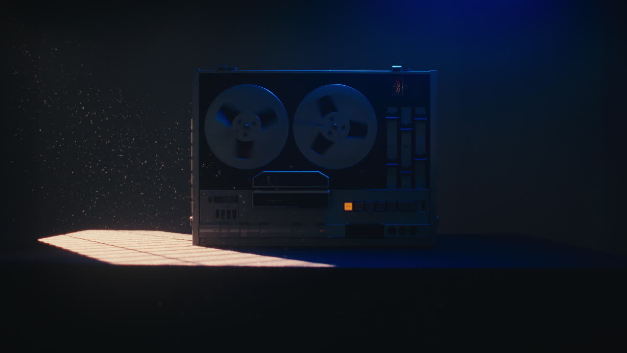 A vintage tape recorder spinning spools in a blue light