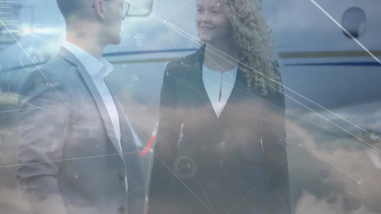 Animation of network of connections over business people by plane