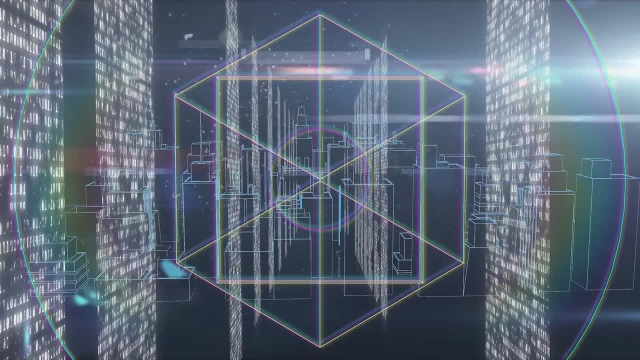 Animation of geometric figures and 3d cityscape with data processing over glowing computer servers