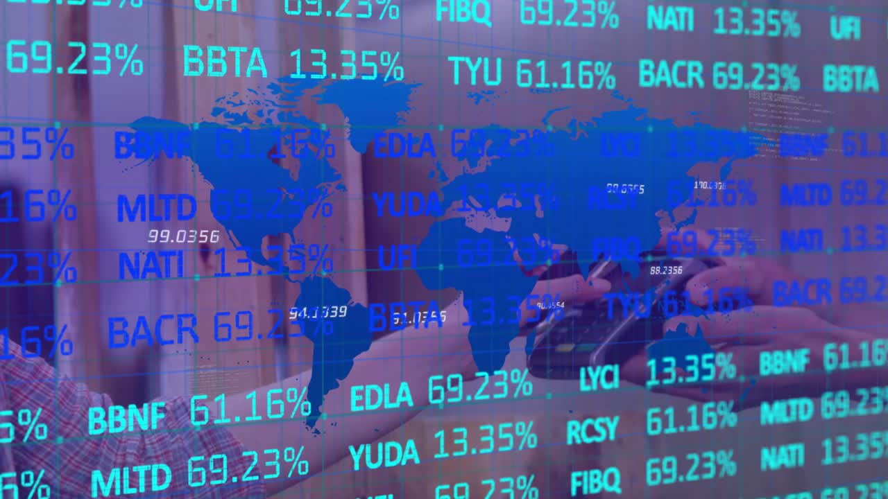 Vertical video: Colleagues tapping phone with pen, causing market map tickers updating for metrics