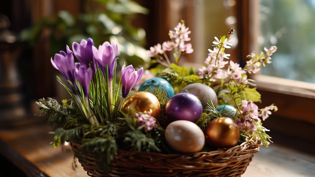 Purple crocuses bloom beside glossy, colorful eggs in a woven basket. Sunlight streams through a window, warming the wooden sill. Fresh spring flowers surround decorative eggs in soft