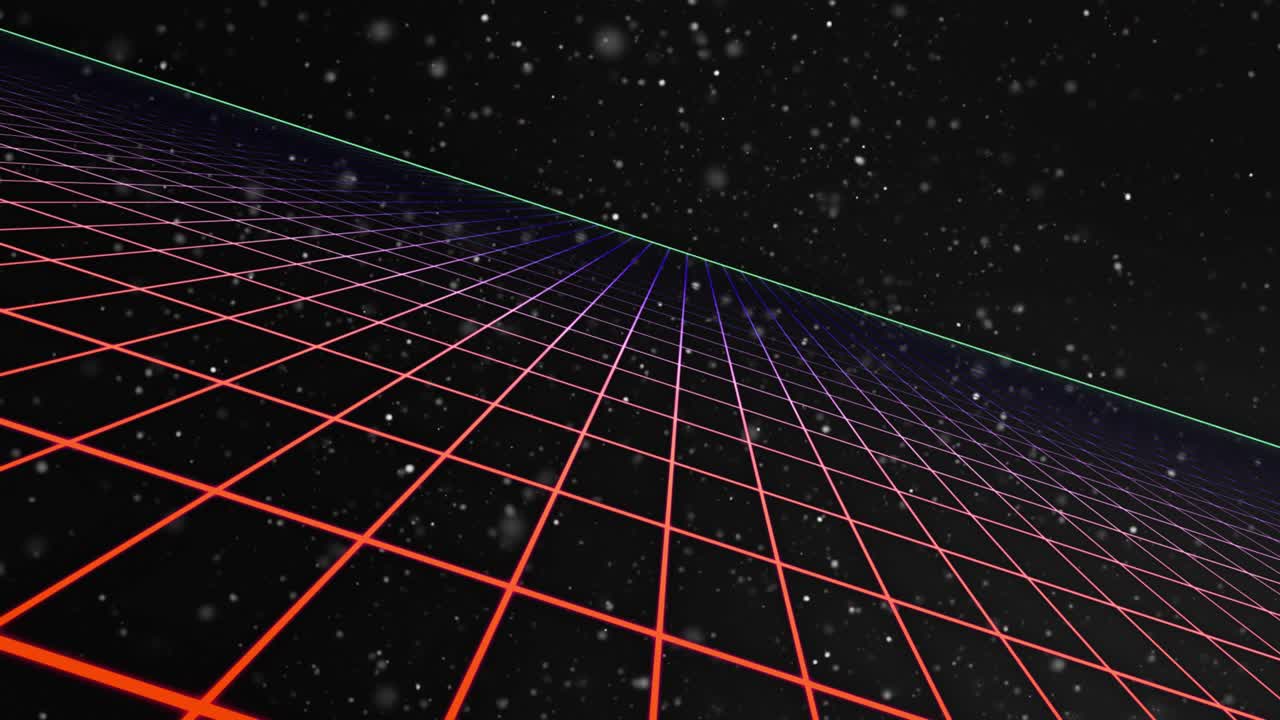 Al arrancar, la cámara avanza sobre una cuadrícula de neón y partículas que se desplazan, evocando un viaje futurista